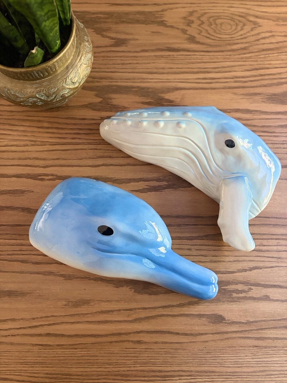 Vintage 1980s Hand Painted Ceramic Humpback Whale Dolphin Wall Hanging Heads
